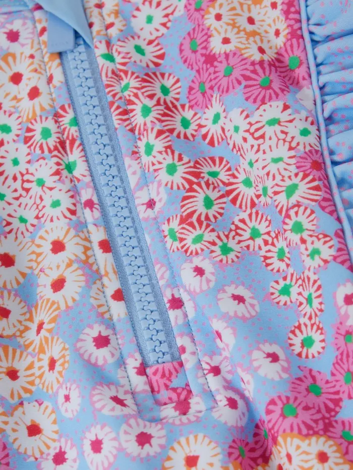 Children Reiss Swimwear Poppy Floral Print Ruffle Long Sleeve Swimsuit Pink