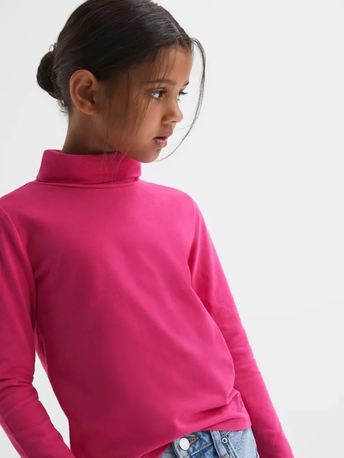 Children Reiss Tops and TShirts Carey Cotton Blend Roll Neck Top Bright Pink