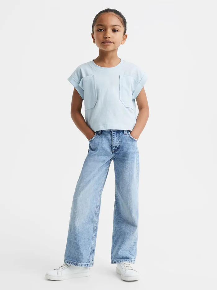 Children Reiss Tops and TShirts Lulu Cropped Cotton Crew Neck TShirt Blue