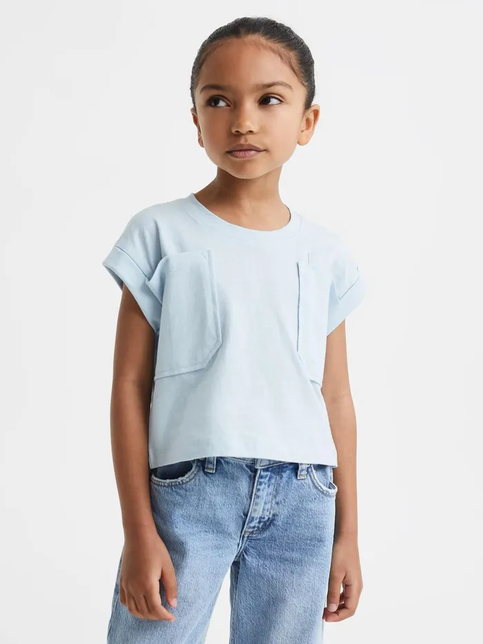 Children Reiss Tops and TShirts Lulu Cropped Cotton Crew Neck TShirt Blue