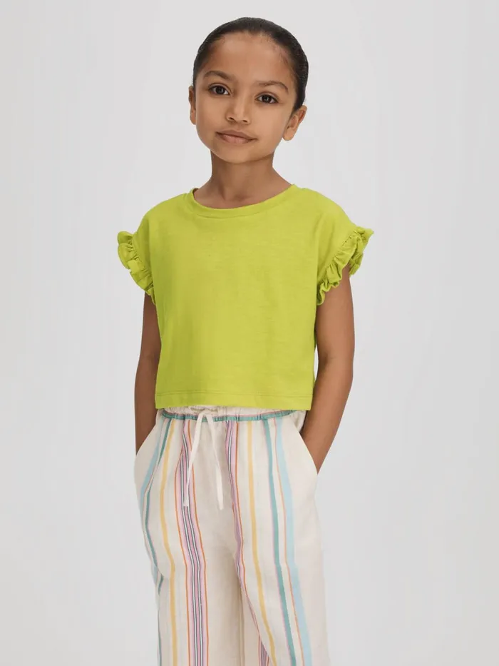 Children Reiss Tops and TShirts Saskia Ruffle Sleeve Cropped TShirt Lime