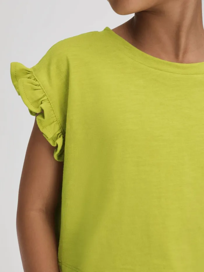 Children Reiss Tops and TShirts Saskia Ruffle Sleeve Cropped TShirt Lime