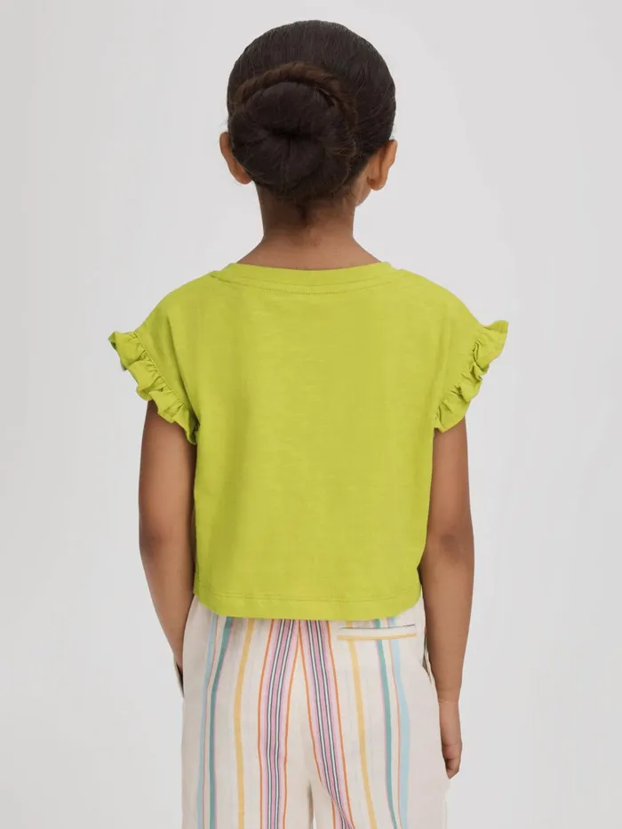 Children Reiss Tops and TShirts Saskia Ruffle Sleeve Cropped TShirt Lime