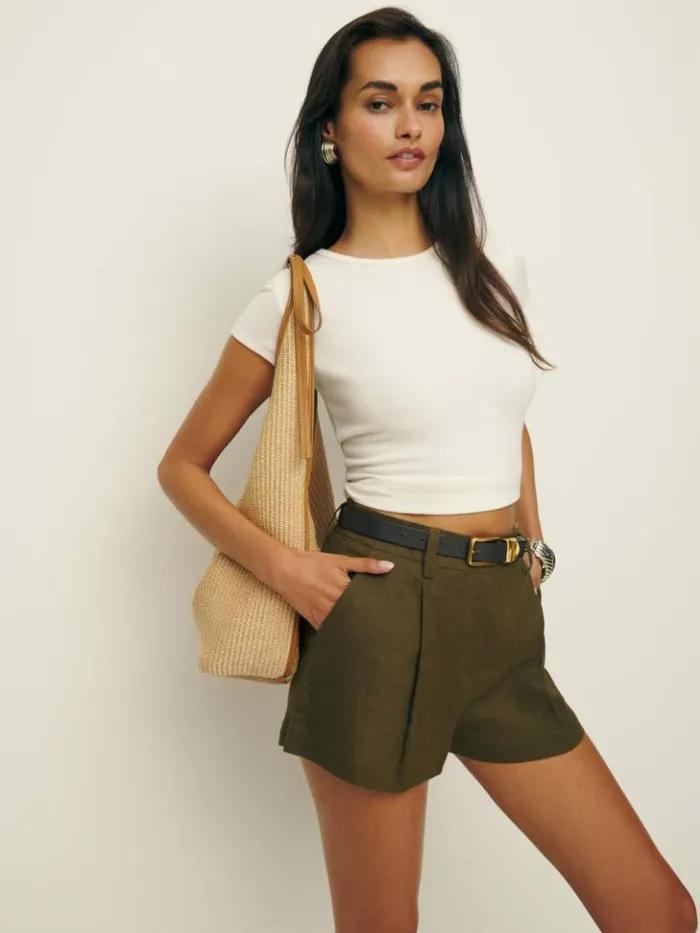 Clothing The Reformation Alex Linen Short Dark Olive