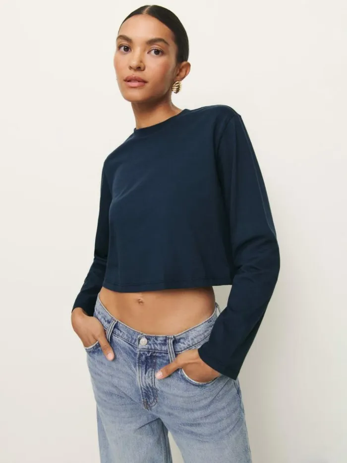 Clothing The Reformation Asher Cropped Oversized Longsleeve Tee Midnight