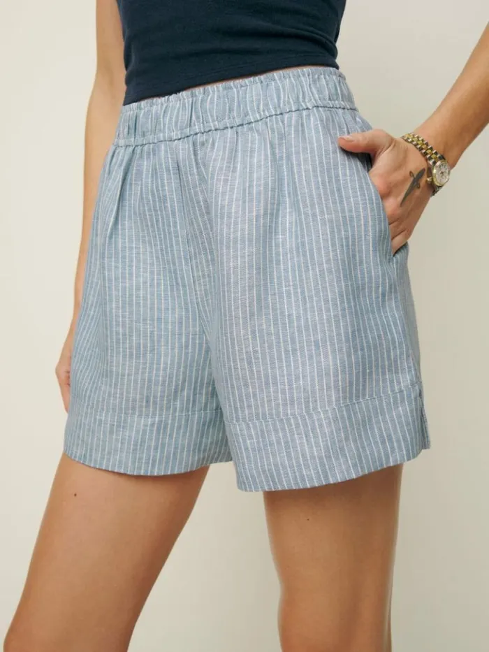 Clothing The Reformation Charlotte Linen Short Cornflower Stripe