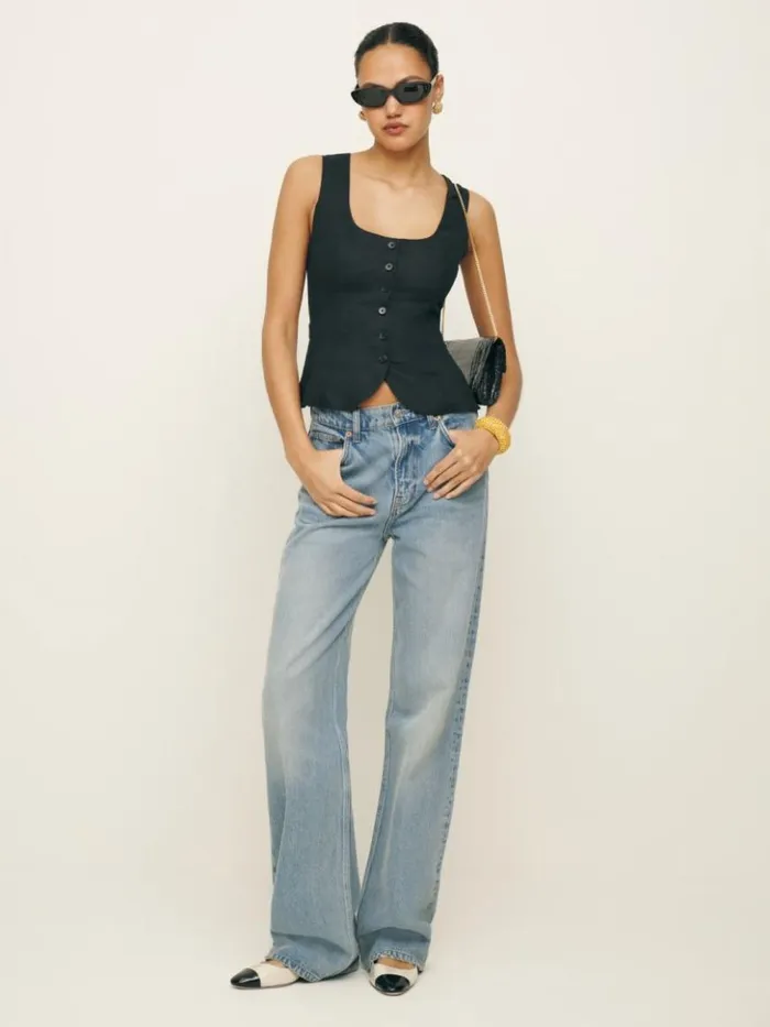 Clothing The Reformation Delanie Linen Top Black