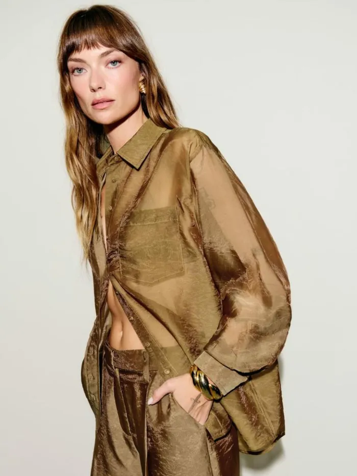Clothing The Reformation Eli Oversized Sheer Shirt Sheer Brown