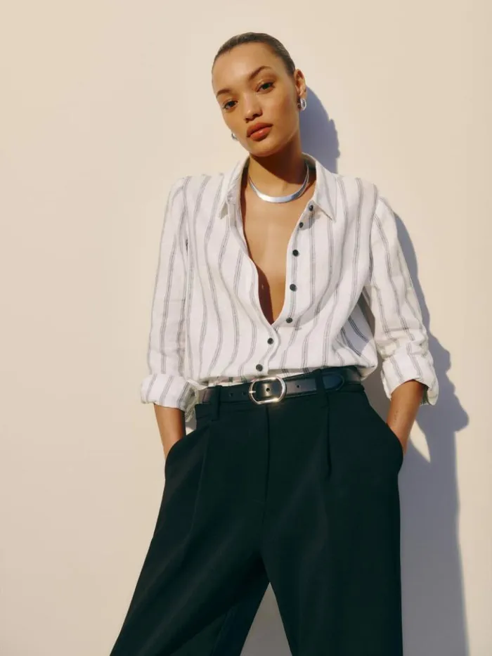 Clothing The Reformation Sky Relaxed Linen Top Harbor Stripe