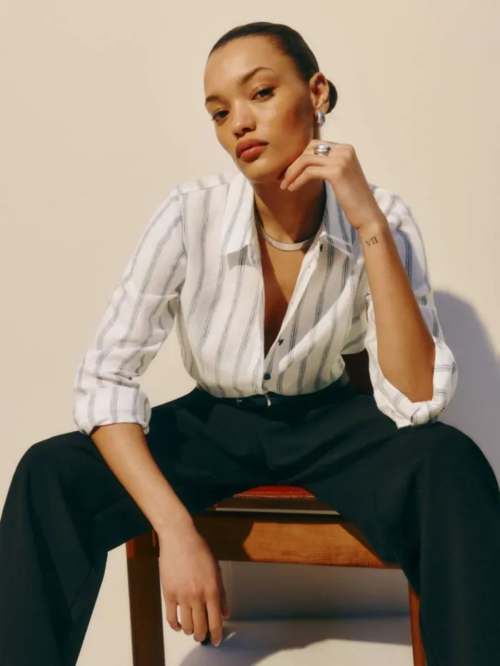 Clothing The Reformation Sky Relaxed Linen Top Harbor Stripe