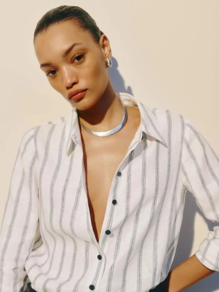 Clothing The Reformation Sky Relaxed Linen Top Harbor Stripe