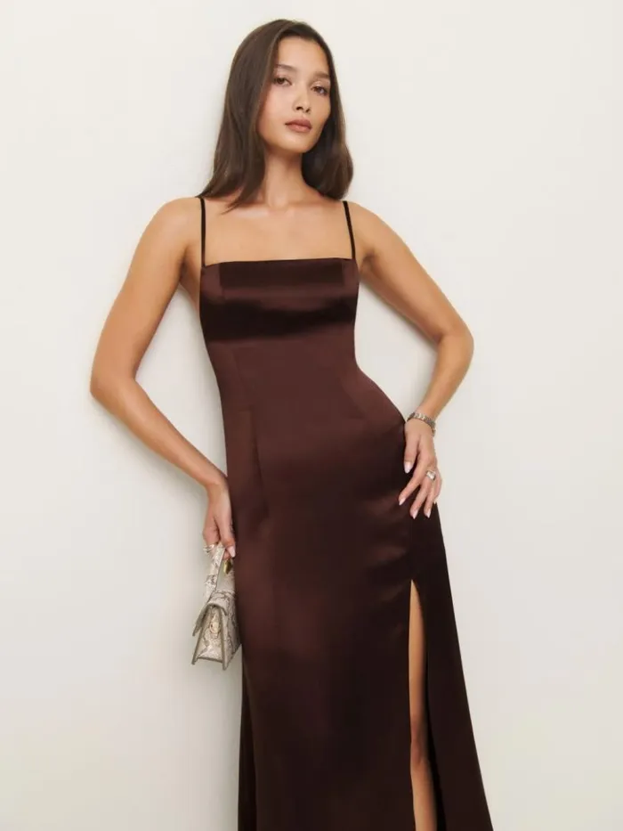 ClothingWeddings The Reformation Melina Silk Dress Mahogany