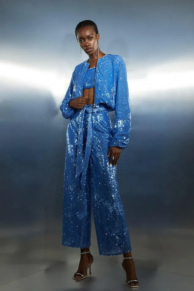 CoOrds Women Karen Millen Blue Sequin Woven Set Blue