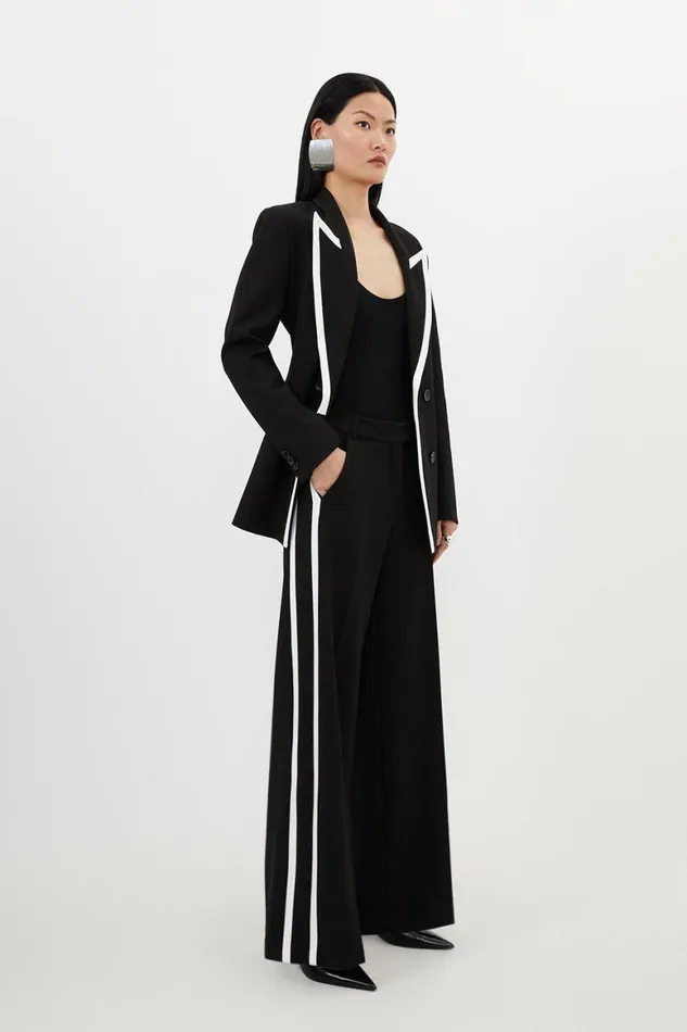 CoOrds Women Karen Millen Compact Stretch Contrast Tipped Wide Leg Trousers Black