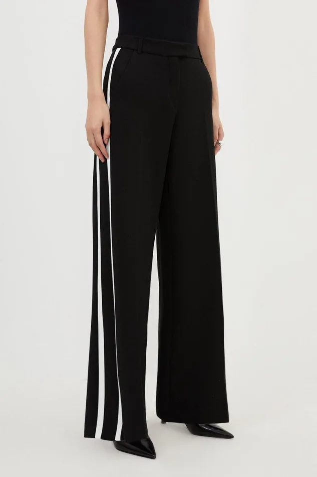 CoOrds Women Karen Millen Compact Stretch Contrast Tipped Wide Leg Trousers Black