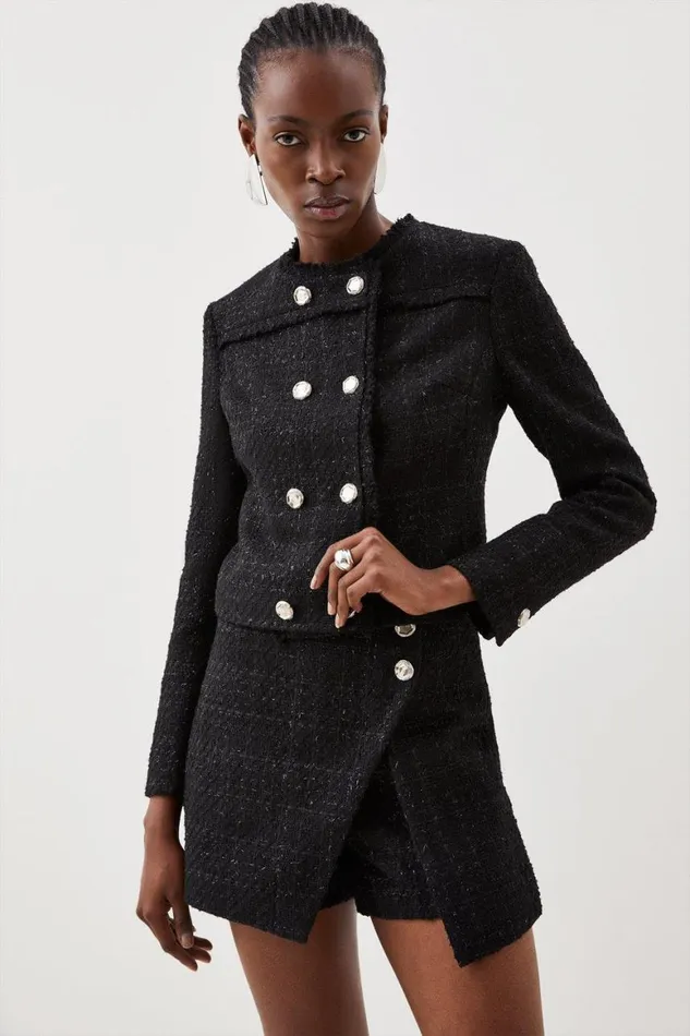 CoOrds Women Karen Millen Tailored Sparkle Boucle Double Breasted Jacket and Skort Set Black