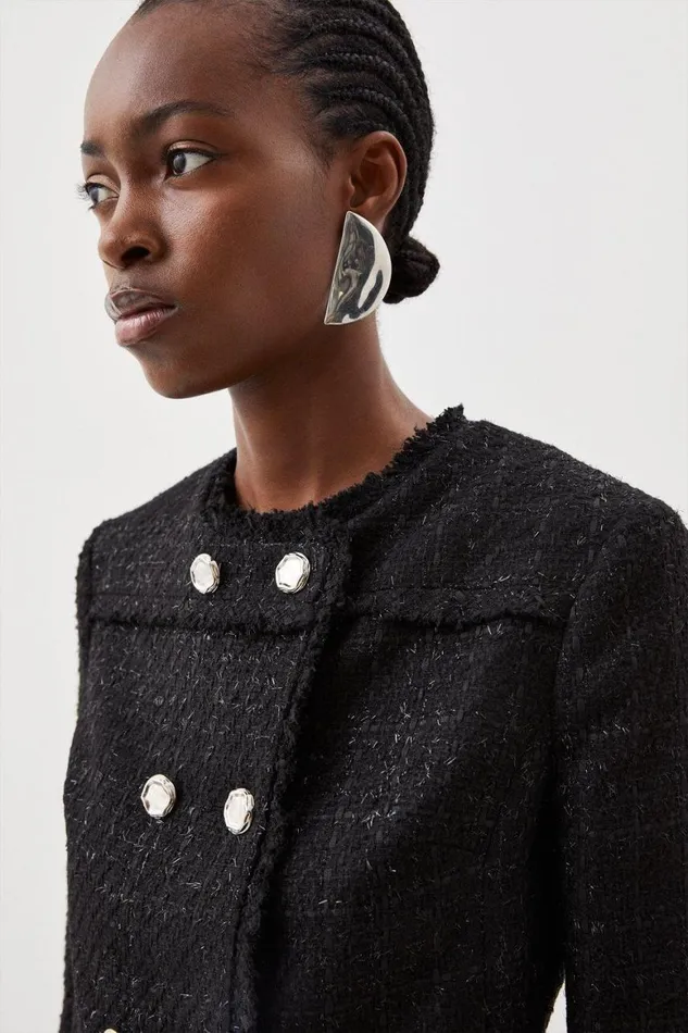 CoOrds Women Karen Millen Tailored Sparkle Boucle Double Breasted Jacket and Skort Set Black