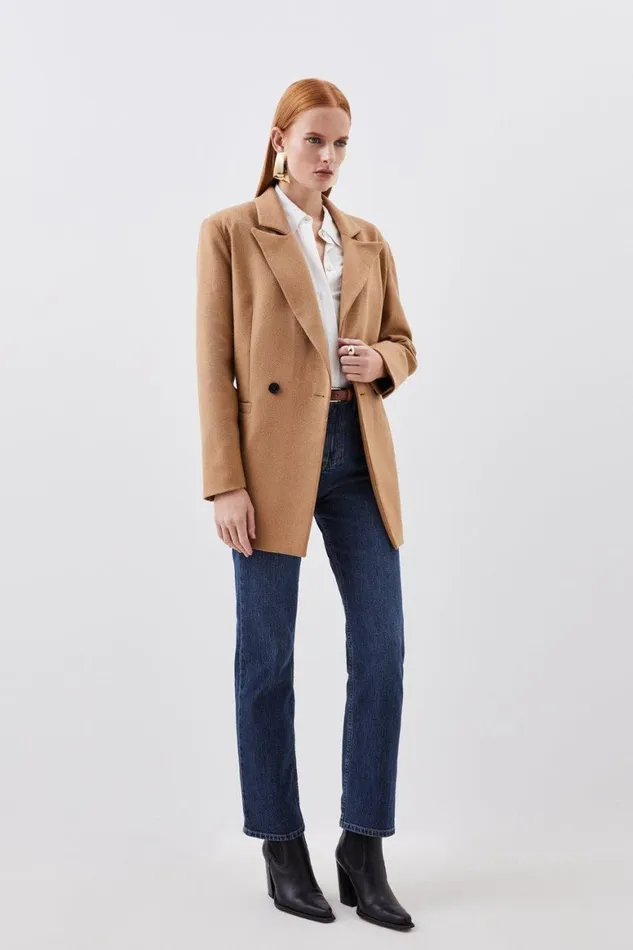 CoOrds Women Karen Millen Tailored Wool Blend Double Breasted Blazer and Trouser Set Camel