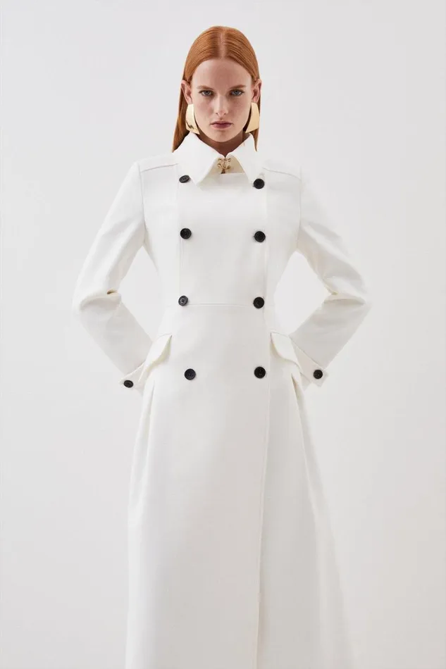 Coats and Jackets Women Karen Millen Compact Stretch Double Breasted Pleat Detail Full Skirt Coat Ivory