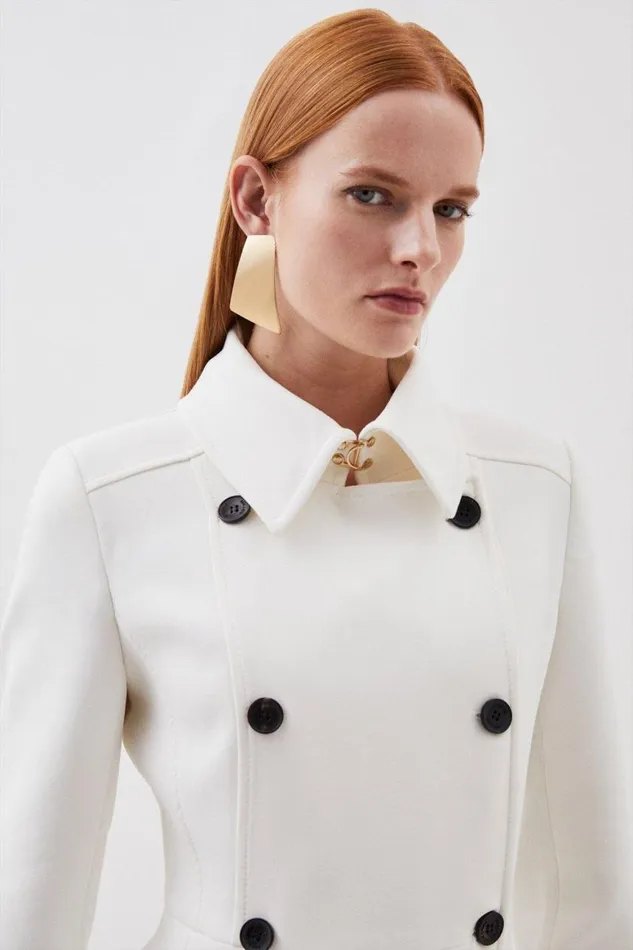 Coats and Jackets Women Karen Millen Compact Stretch Double Breasted Pleat Detail Full Skirt Coat Ivory