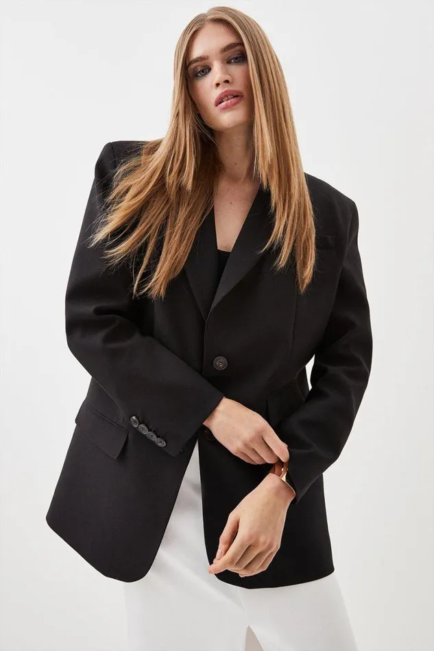 Coats and Jackets Women Karen Millen Compact Stretch Strong Shoulder Tailored Longline Blazer Black