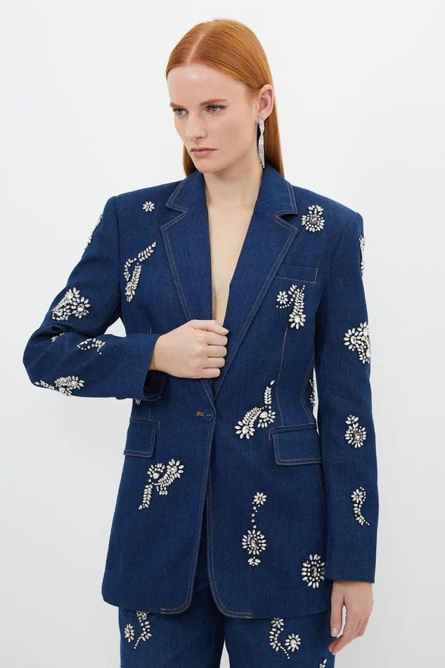Coats and Jackets Women Karen Millen Embellished Denim Single Breasted Blazer Indigo Coats and Jackets Women Karen Millen Embellished Denim Single Breasted Blazer Indigo