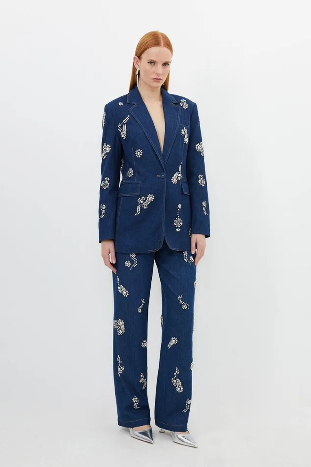 Coats and Jackets Women Karen Millen Embellished Denim Single Breasted Blazer Indigo