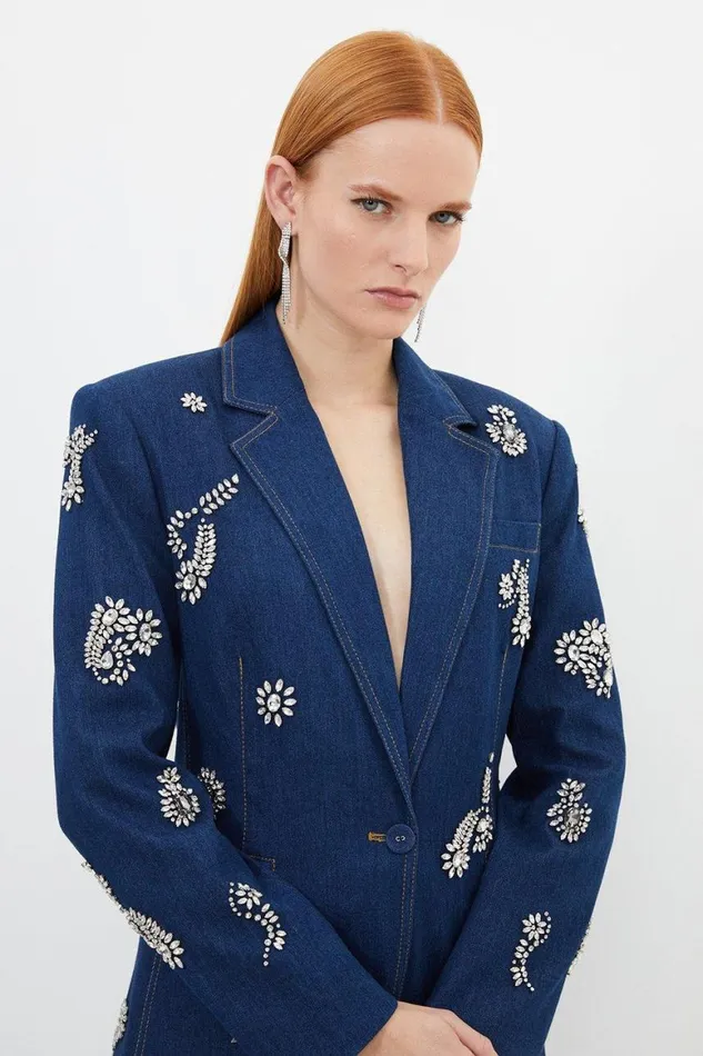 Coats and Jackets Women Karen Millen Embellished Denim Single Breasted Blazer Indigo