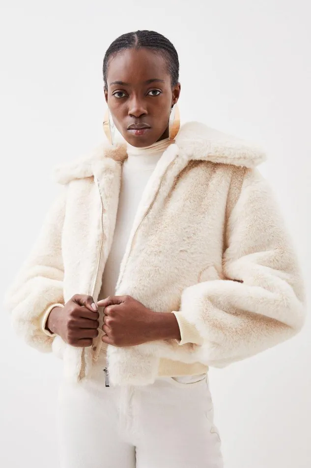 Coats and Jackets Women Karen Millen Faux Fur Collared Bomber Jacket Cream