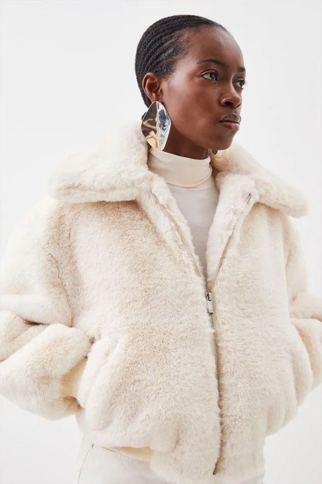 Coats and Jackets Women Karen Millen Faux Fur Collared Bomber Jacket Cream