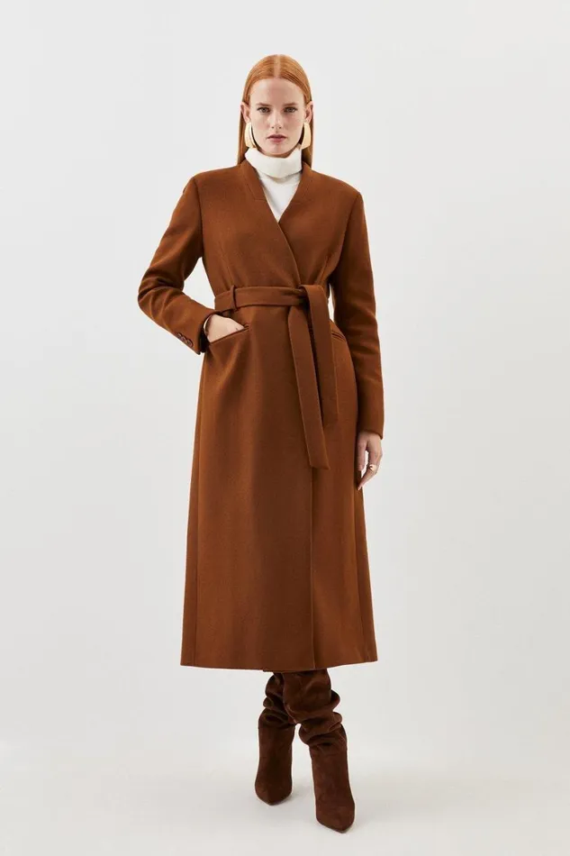 Coats and Jackets Women Karen Millen Italian Manteco Wool Belted Collared Coat Toffee Coats and Jackets Women Karen Millen Italian Manteco Wool Belted Collared Coat Toffee