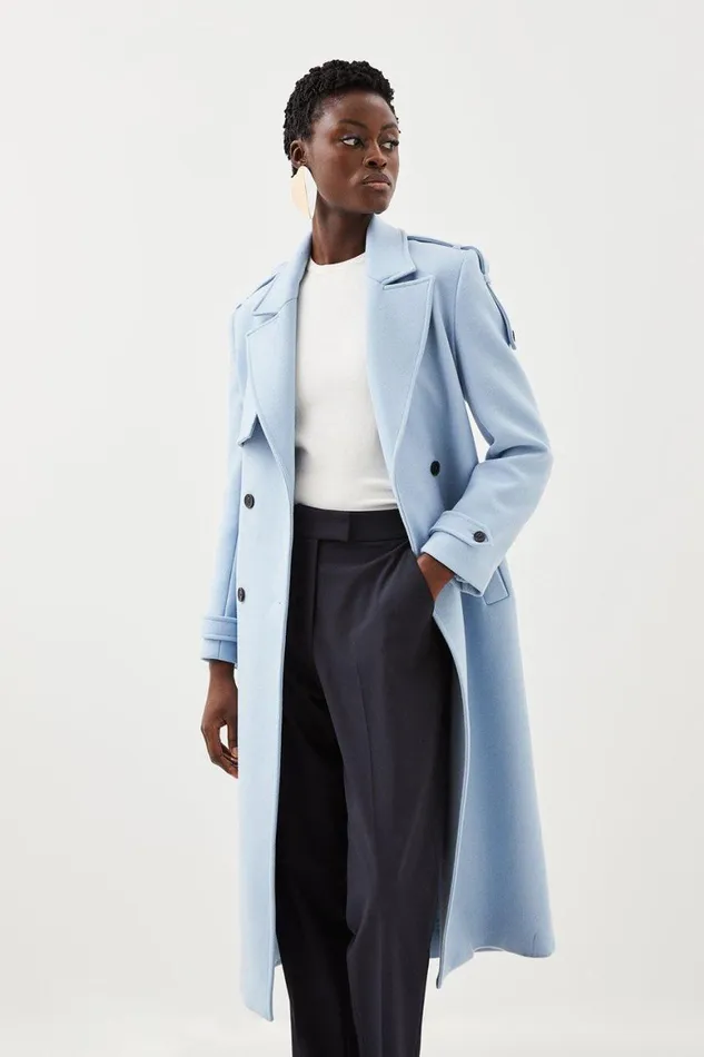 Coats and Jackets Women Karen Millen Italian Manteco Wool Blend Self Tie Belted Trench Coat Blue Coats and Jackets Women Karen Millen Italian Manteco Wool Blend Self Tie Belted Trench Coat Blue