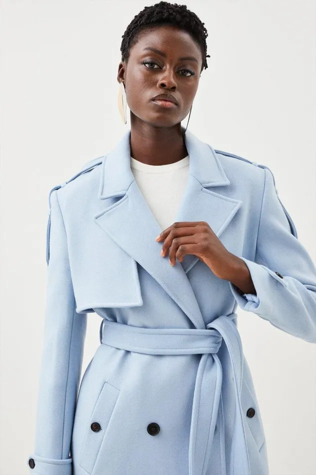 Coats and Jackets Women Karen Millen Italian Manteco Wool Blend Self Tie Belted Trench Coat Blue