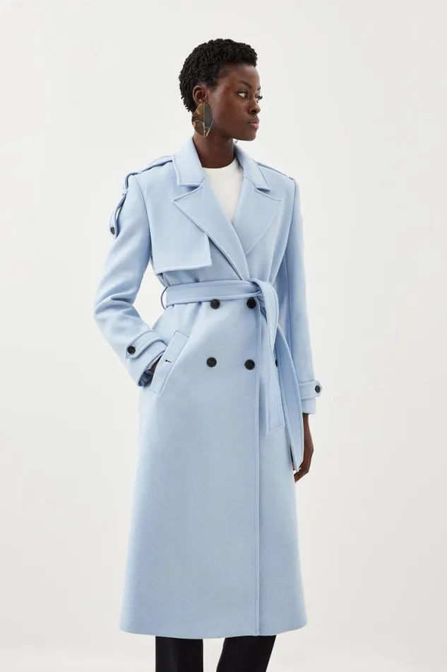 Coats and Jackets Women Karen Millen Italian Manteco Wool Blend Self Tie Belted Trench Coat Blue