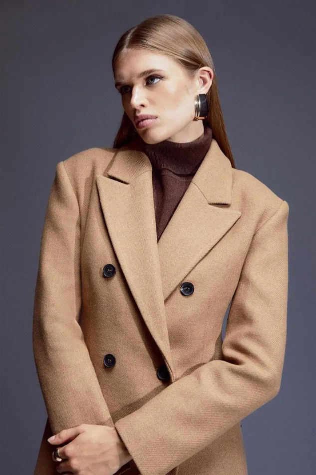 Coats and Jackets Women Karen Millen Italian Manteco Wool Maxi Double Breasted Tailored Coat Camel