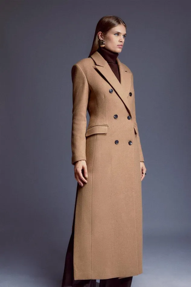 Coats and Jackets Women Karen Millen Italian Manteco Wool Maxi Double Breasted Tailored Coat Camel