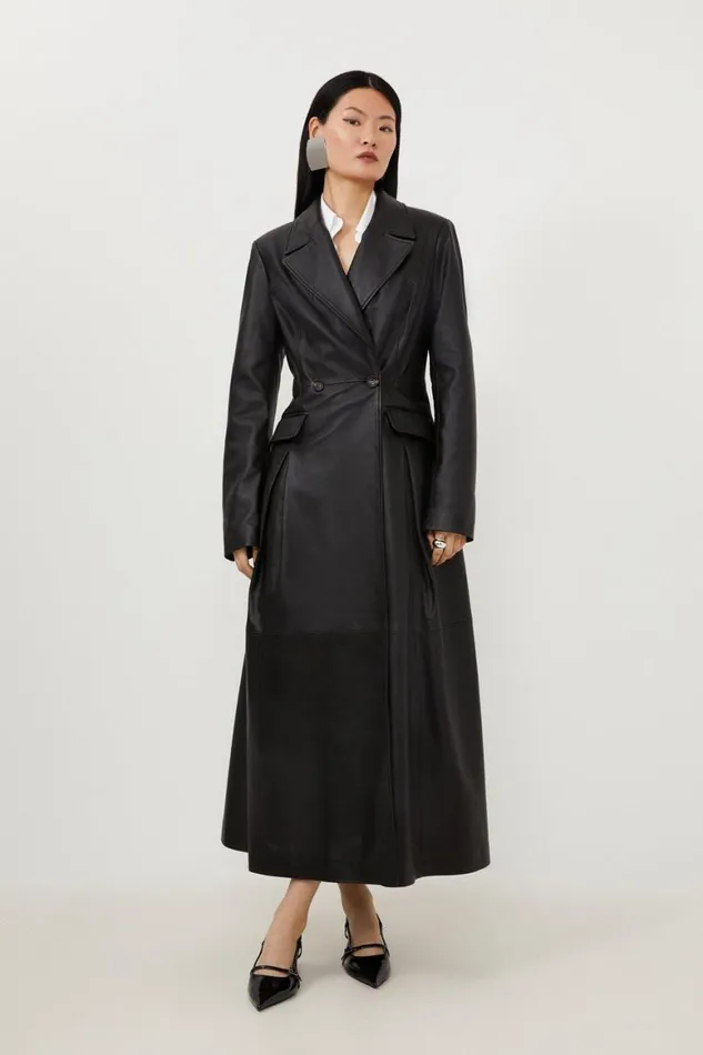 Coats and Jackets Women Karen Millen Leather Button Waist Full Skirted Coat Black Coats and Jackets Women Karen Millen Leather Button Waist Full Skirted Coat Black