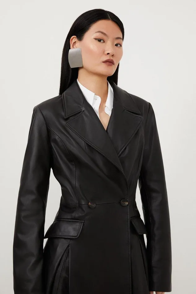 Coats and Jackets Women Karen Millen Leather Button Waist Full Skirted Coat Black