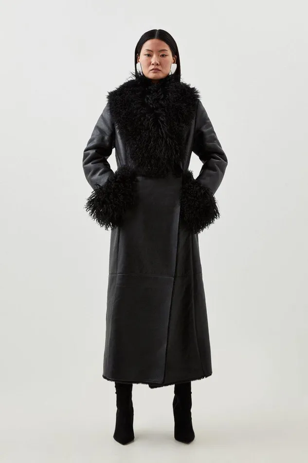 Coats and Jackets Women Karen Millen Leather Mongolian Cuff And Collar Black