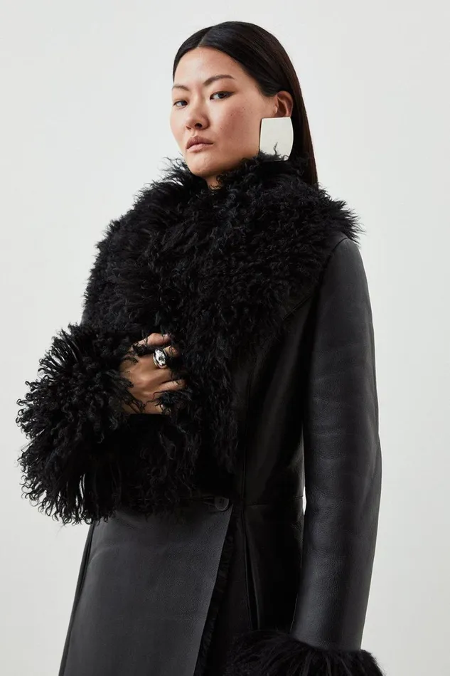 Coats and Jackets Women Karen Millen Leather Mongolian Cuff And Collar Black