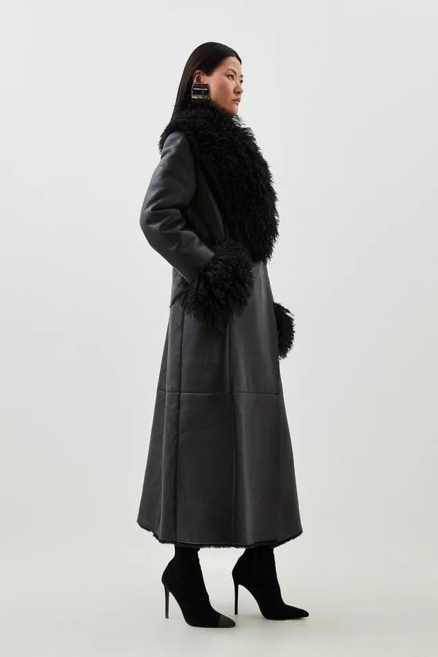 Coats and Jackets Women Karen Millen Leather Mongolian Cuff And Collar Black