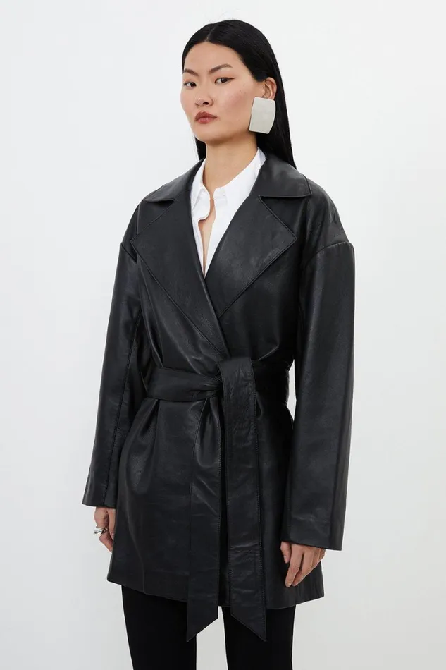 Coats and Jackets Women Karen Millen Leather Relaxed Fit Tailored Belted Coat Black Coats and Jackets Women Karen Millen Leather Relaxed Fit Tailored Belted Coat Black