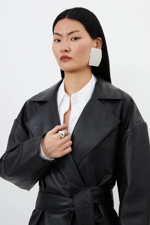 Coats and Jackets Women Karen Millen Leather Relaxed Fit Tailored Belted Coat Black