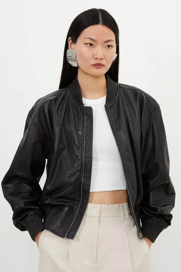 Coats and Jackets Women Karen Millen Leather Ribbed Bomber Jacket Black