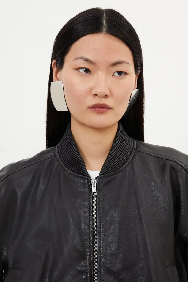 Coats and Jackets Women Karen Millen Leather Ribbed Bomber Jacket Black