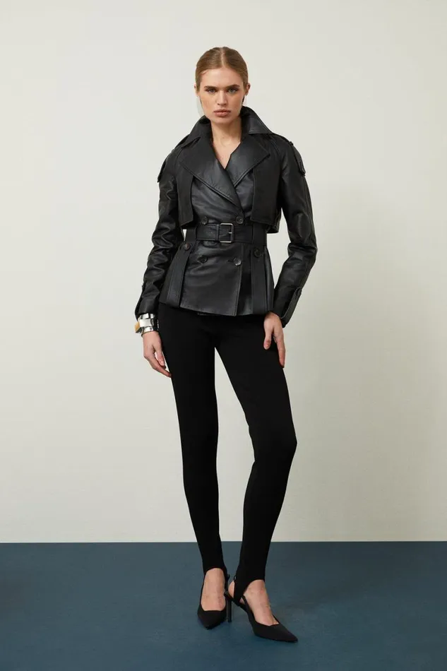 Coats and Jackets Women Karen Millen Leather Short Belted Trench Coat Black