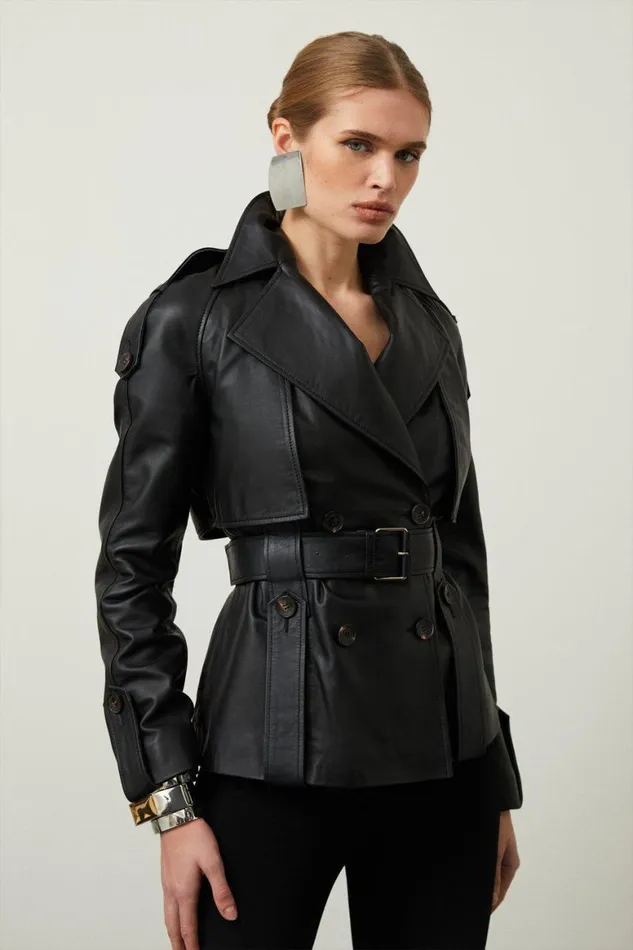 Coats and Jackets Women Karen Millen Leather Short Belted Trench Coat Black