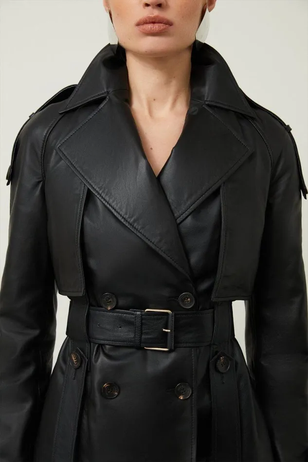 Coats and Jackets Women Karen Millen Leather Short Belted Trench Coat Black
