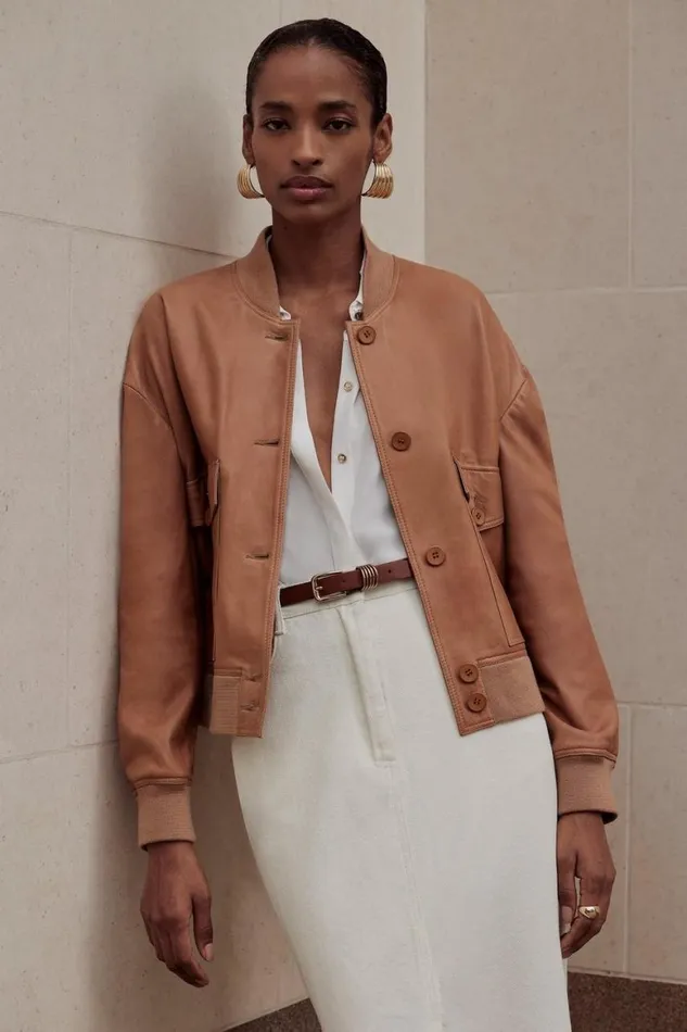 Coats and Jackets Women Karen Millen Leather Veg Tan Button Bomber Jacket Tan