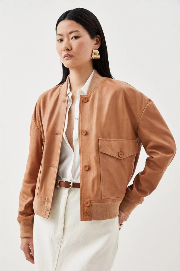 Coats and Jackets Women Karen Millen Leather Veg Tan Button Bomber Jacket Tan